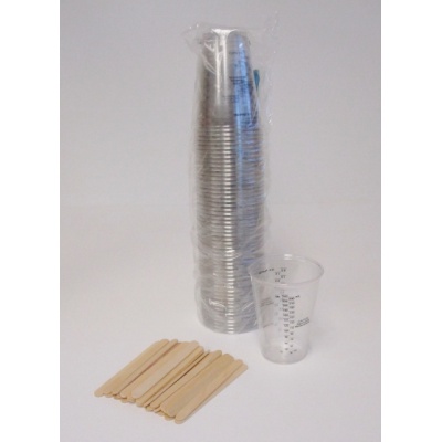 plastic measuring cups and stir sticks